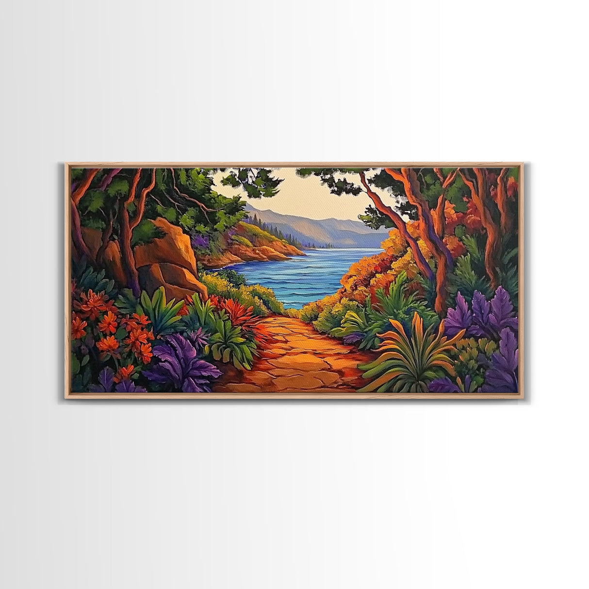 Trail Trees, Ocean, Bright, Framed Canvas Print vibrant nature path artwork, coastal forest boho art, kitchen wall decor