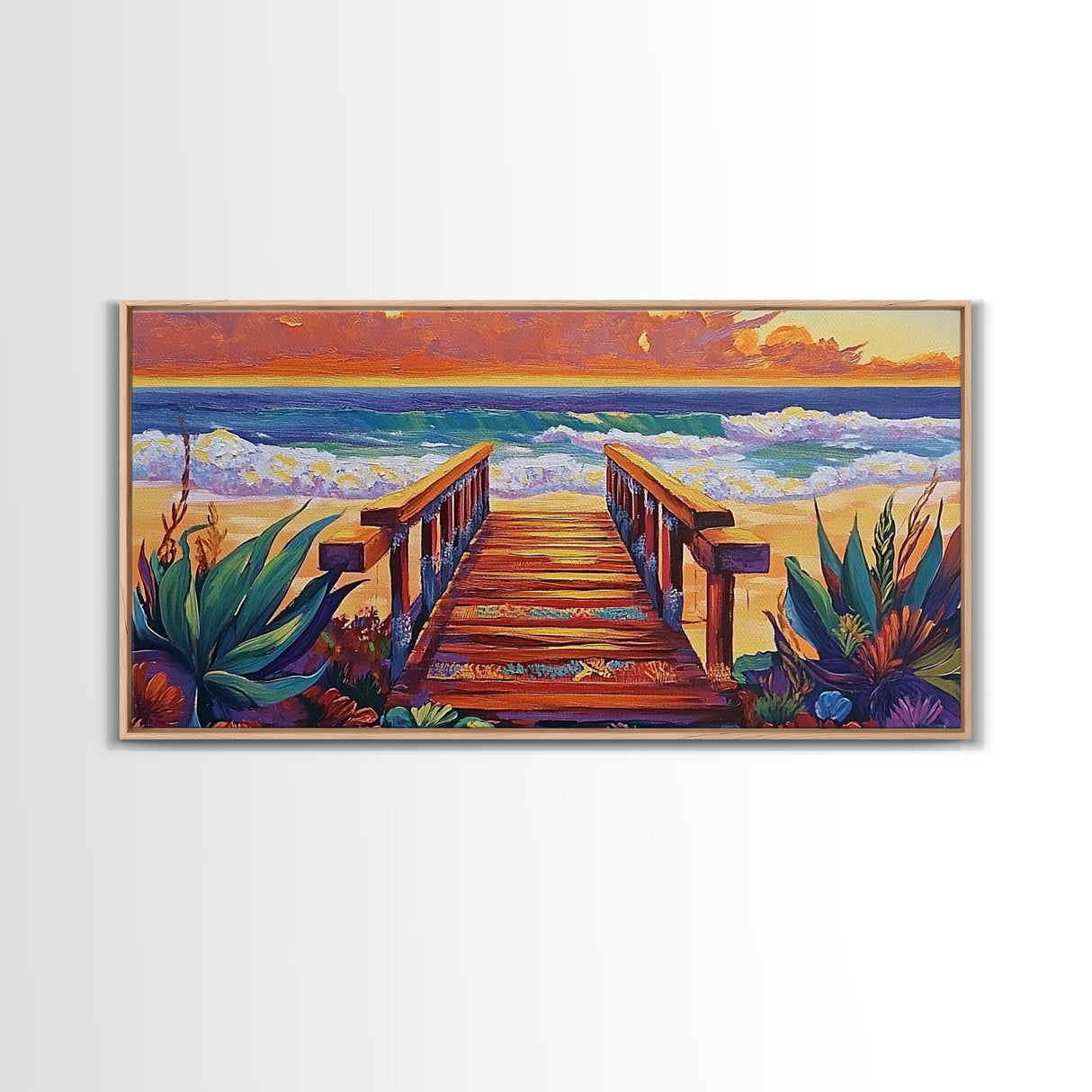 Beach Boardwalk, Sunset, View, Framed Canvas Print, boardwalk to beach, Coastal Entryway Art, sunset seascape painting, ocean cottage