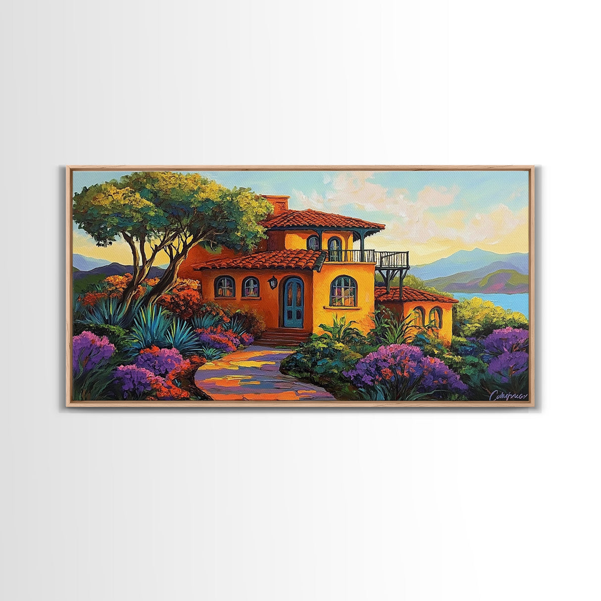 Villa Hillside, Coastal, Colorful, Framed Canvas Print Mediterranean house art, vibrant landscape painting, kitchen boho decor print