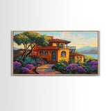 Villa Hillside, Coastal, Colorful, Framed Canvas Print Mediterranean house art, vibrant landscape painting, kitchen boho decor print