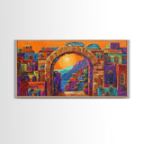 Arch Village, Sunset, Canvas Print, Mediterranean Town Wall Art, Colorful Travel Decor, Eclectic Living Room, Warm Sunset Vibe Art