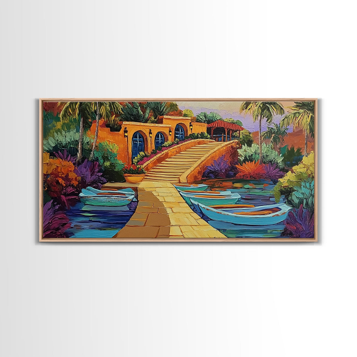 Tropical Boats, Colorful, Lagoon, Canvas Print, boats docked at tropical villa, Living Room Wall Art, vibrant coastal art, boho décor