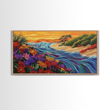 Wildflowers, Coastal Waves, Tropical Shore, Canvas Print, Floral Beach Art, Vibrant Living Room or Kitchen Wall Decor
