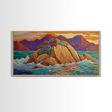 Island Sunset, Coastal Flowers, Ocean Rocks, Framed Canvas Print, Tropical Landscape Wall Art, Colorful Living Room Art, Entryway Decor