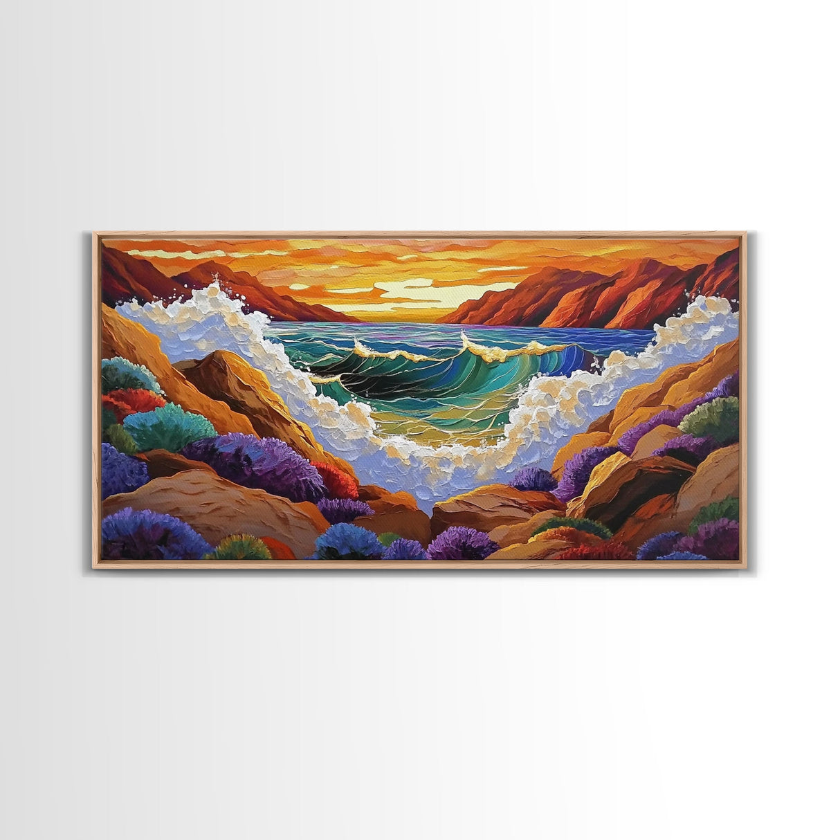 Wave Crash, Sunset Coast, Rocky Horizon, Canvas Print, Dramatic Seascape Wall Art, Ocean Inspired Living Room Art, Study Decor