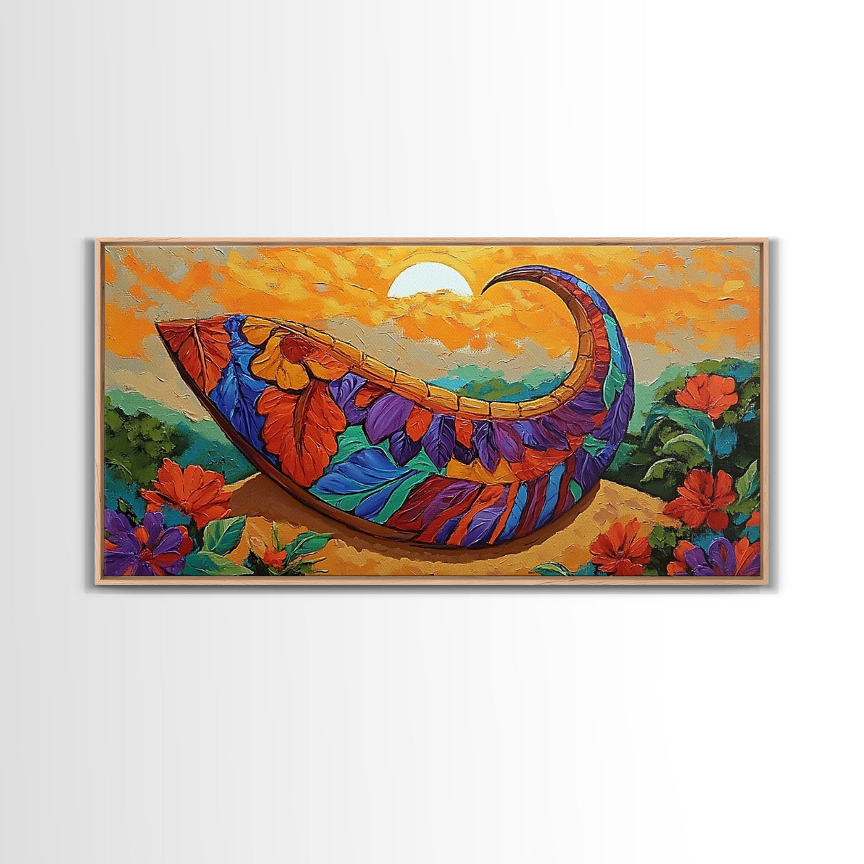 Harvest Sunset, Cornucopia, Floral, Framed Canvas Print Thanksgiving wall art, vibrant boho painting, Fall kitchen decor, rustic style