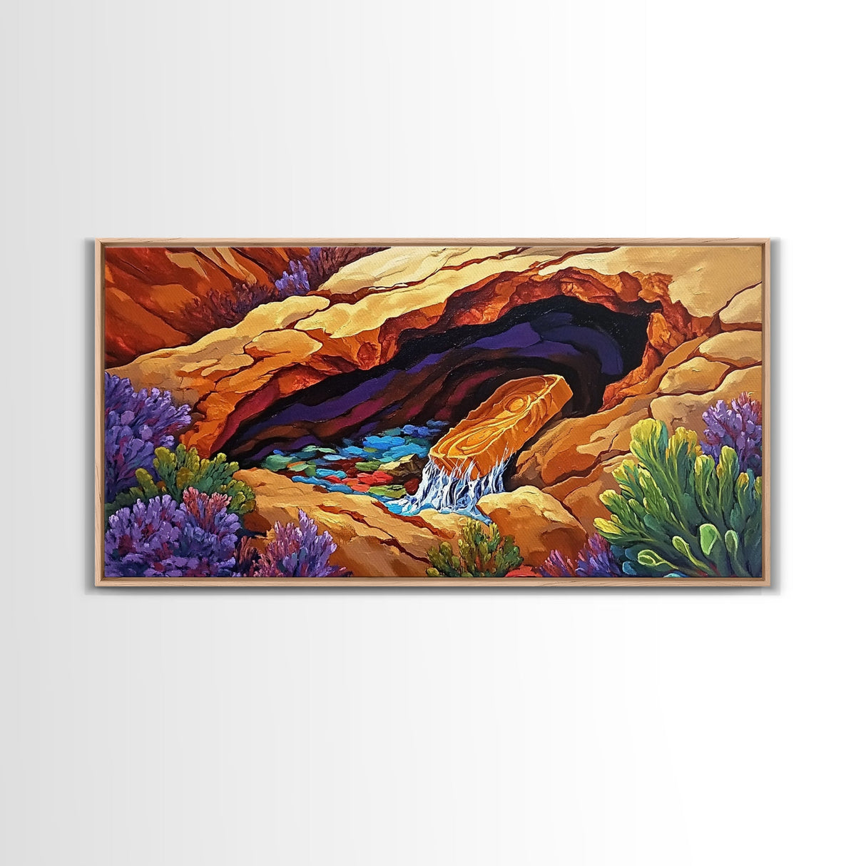 Desert Hidden, Oasis, Waterfall, Framed Canvas Print Nature-inspired boho landscape, colorful living room wall art, southwest decor