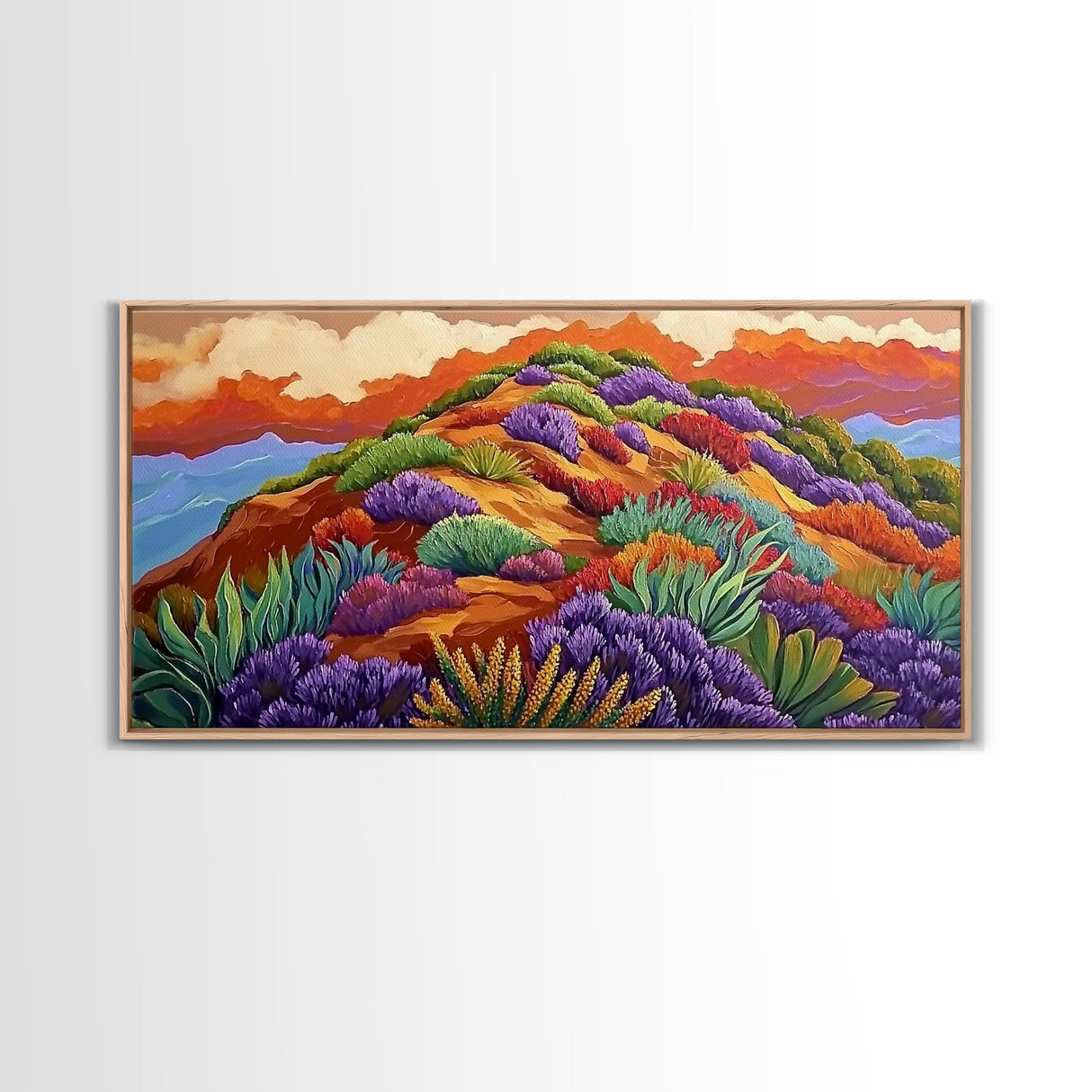 Wildflower Mountain, Sunrise, Hillside, Framed Canvas Print Bold desert landscape, colorful botanical art, boho Fall bedroom decor