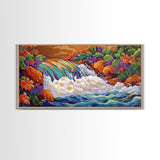 Rainbow, Waterfall, Jungle, Sunset, Framed Canvas Print Tropical boho art, bathroom art, living room decor, floral nature painting