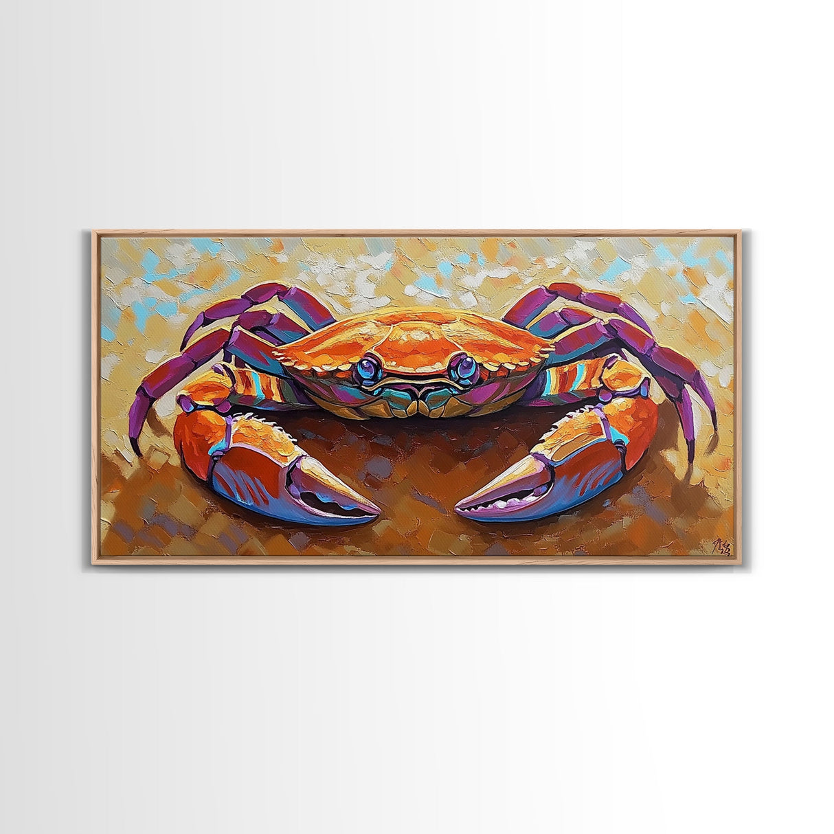 Crab Beach, Bold, Colorful, Coastal Sea Life Framed Canvas Print, Bathroom Wall Art, Nautical Art, Beach House Decor, Ocean Art