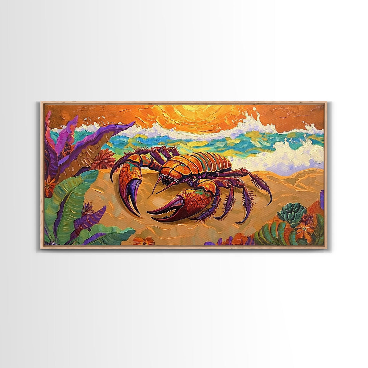 Lobster Beach, Vibrant, Framed Canvas Print, Nautical Coastal Art, Living Room Wall Decor, Tropical Lobster Painting, Bold Ocean Art