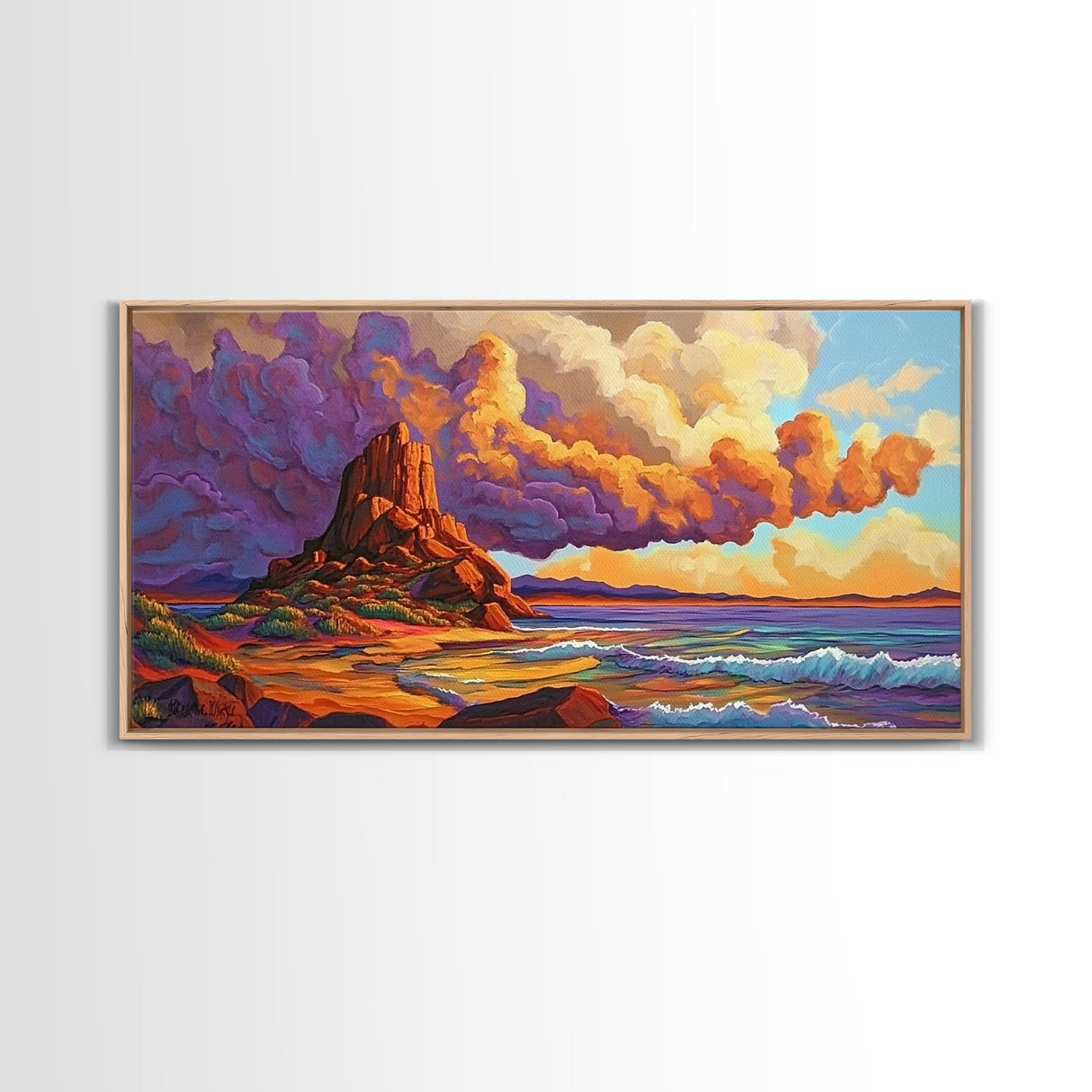 Sunset Clouds, Ocean, Cliffs, Framed Canvas Print, dramatic seascape art, Southwestern home decor, moody living room wall art