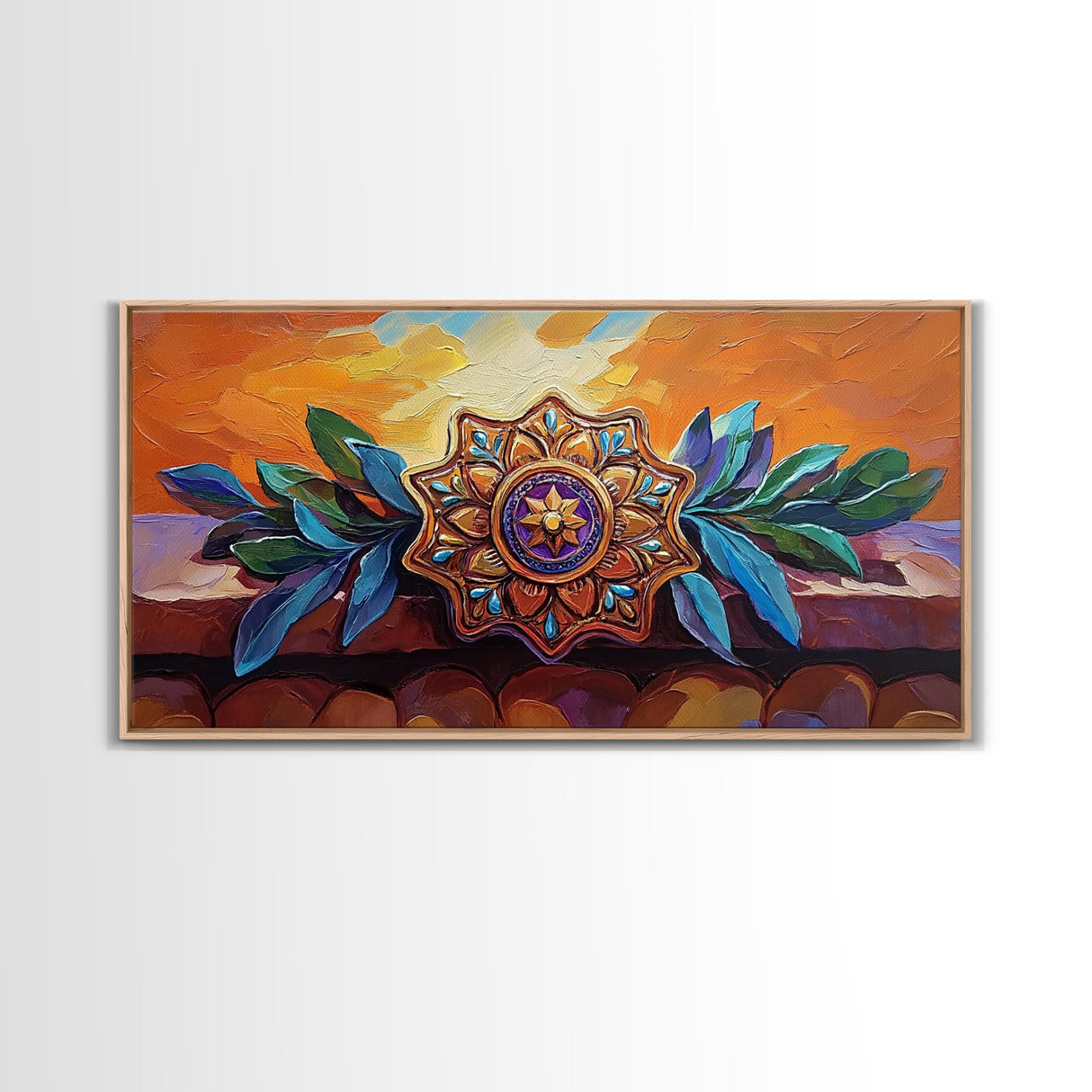 Mandala Sunset, Leaves, Ornament, Framed Canvas Print, spiritual boho wall decor, entryway wall art, zen home sacred symbol painting