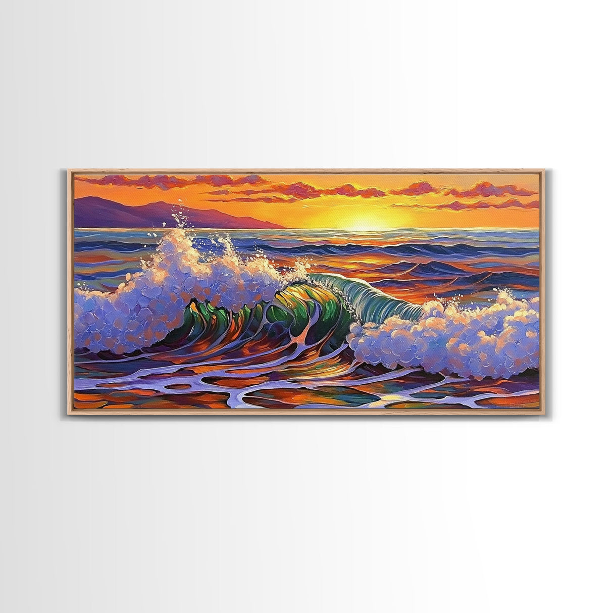 Wave Ocean, Sunset, Surf, Framed Canvas Print, tropical wave wall decor, surf boho art, vibrant beach bathroom or office wall art