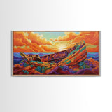 Shipwreck Sunset, Sea, Rustic, Framed Canvas Print, nautical fall coastal decor, beach cabin art, rustic ocean themed living room art