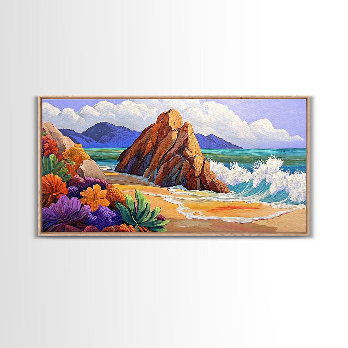 Rocks Beach, Flowers, Ocean, Framed Canvas Print, colorful tropical seascape, modern coastal wall art, bright nature themed decor
