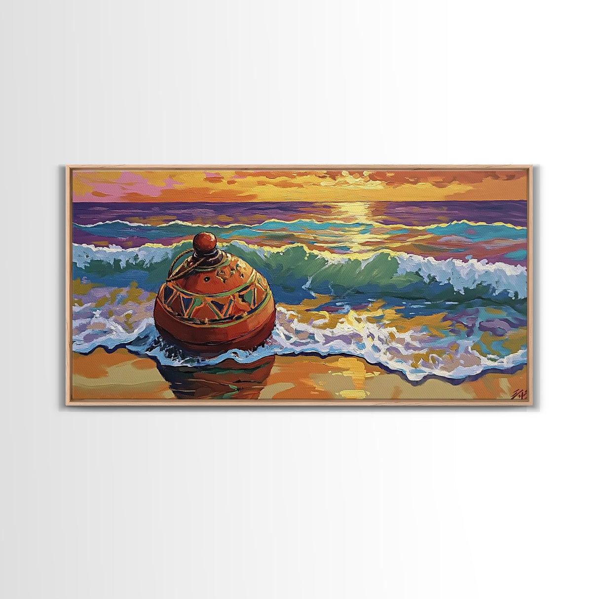 Buoy Shoreline, Sunset, Surf, Sunset Ocean Buoy Canvas Print, Coastal Wall Art, Nautical Theme Living Room, Bold Beach House Fall Decor
