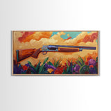 Shotgun Floral, Sunset, Western, Framed Canvas Print, rustic hunting cabin art, bold Americana decor, man cave or lodge wall print
