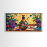 Tequila Bottle, Floral, Decor, Framed Canvas Print, Mexican kitchen wall art, vibrant bottle painting, fiesta bar wall boho artwork