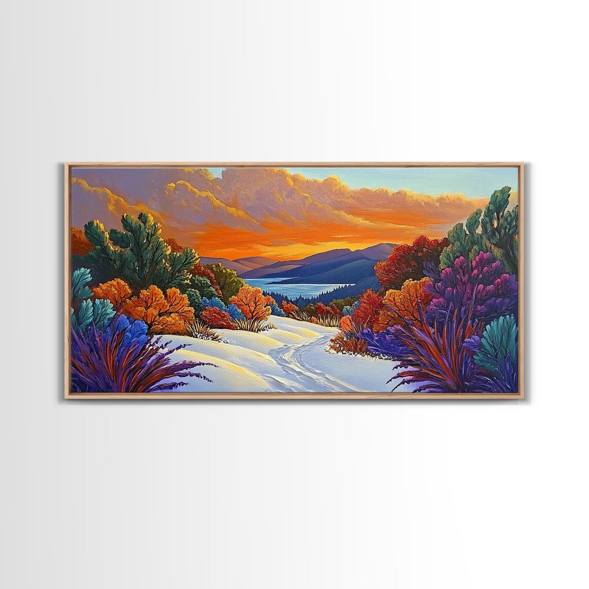 Winter Sunset, Lake, Trees, Framed Canvas Print, Autumn cabin wall art, colorful landscape living room decor, mountain snow painting