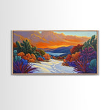 Winter Sunset, Lake, Trees, Framed Canvas Print, Autumn cabin wall art, colorful landscape living room decor, mountain snow painting