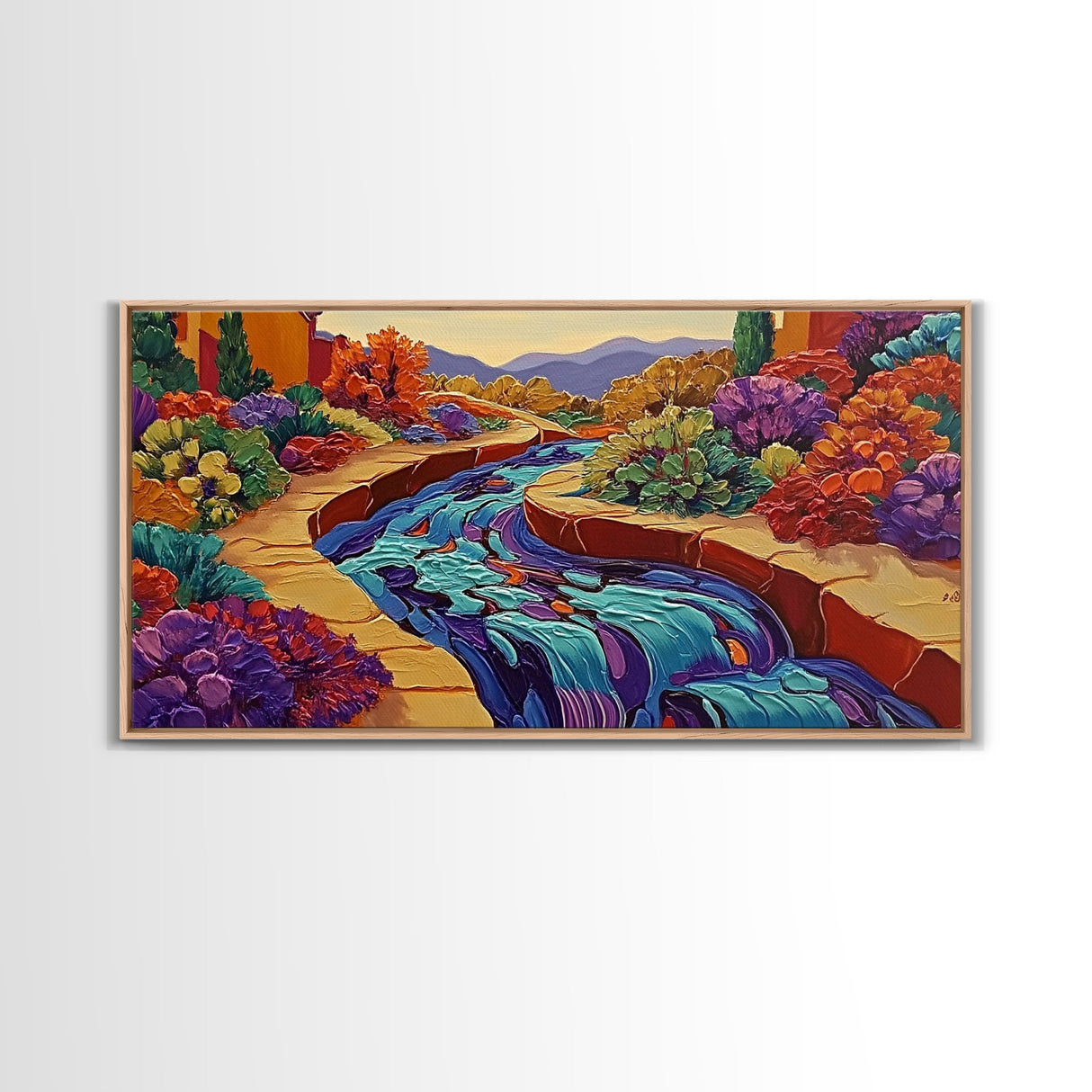 Stream Garden, Colorful, Path, Framed Canvas Print, Southwestern landscape art, bright garden painting, hallway decor, fall home vibe