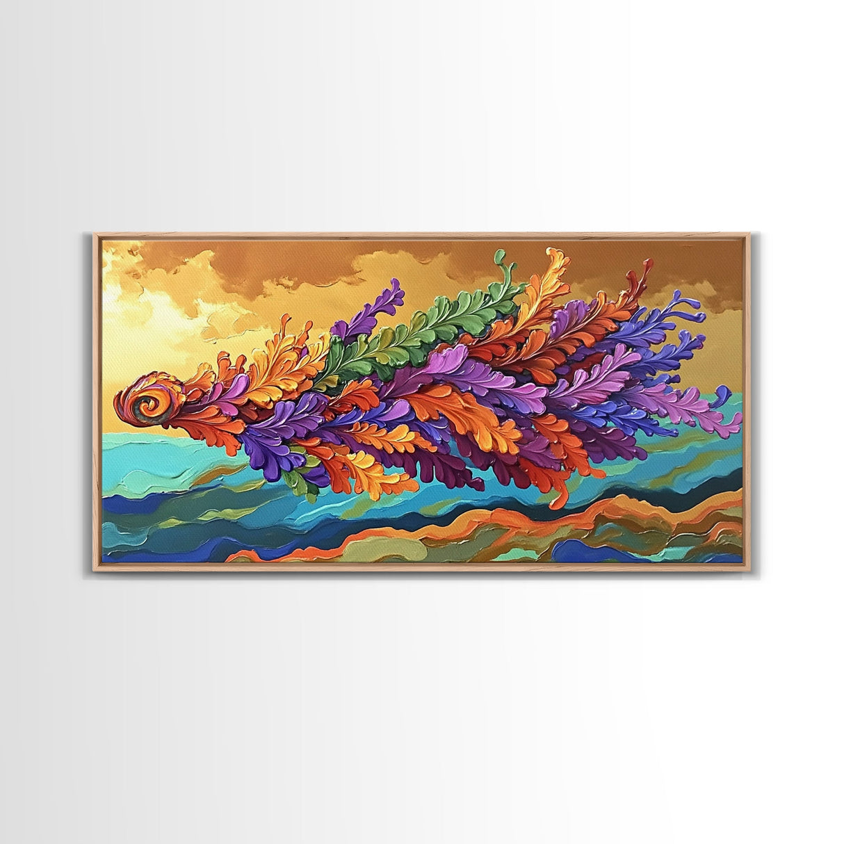 Abstract Leaf, Swirl, Flying, Framed Canvas Print, Whimsical nature painting, colorful wall art, boho bedroom decor, modern natural art