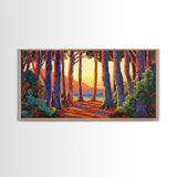 Trees Forest, Ocean, Sunset, Coastal Forest Path Framed Canvas Print, Nature Lover Wall Art, Cabin Decor, Fall Living Room Art