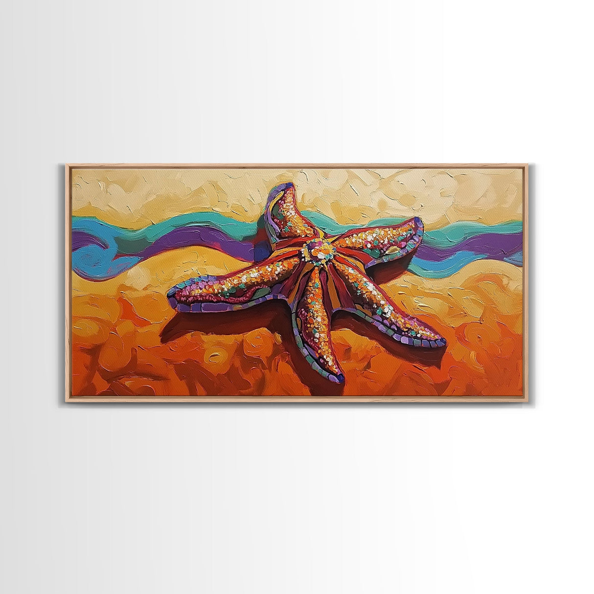 Starfish Beach, Colorful, Textured, Framed Canvas Print, coastal boho decor, ocean theme, beach house bathroom wall art