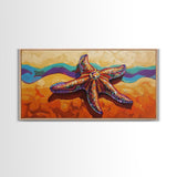 Starfish Beach, Colorful, Textured, Framed Canvas Print, coastal boho decor, ocean theme, beach house bathroom wall art