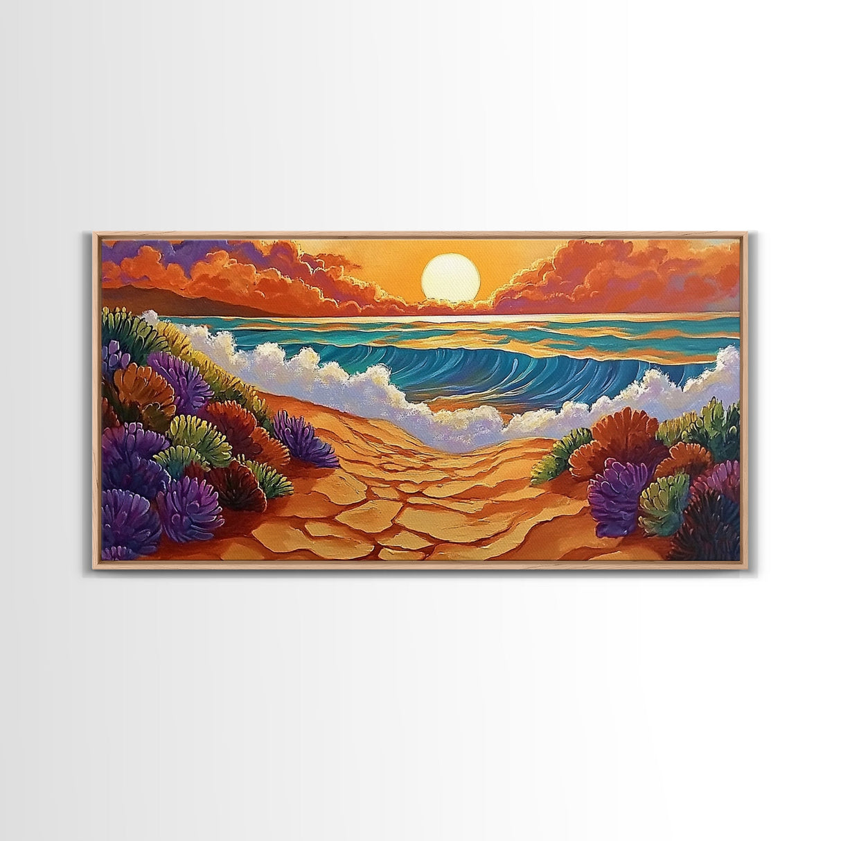 Beach Ocean, Sunrise, Coastal Path, Framed Canvas Print, Vibrant Seaside Art, Bathroom Wall Decor, Nature Landscape, Colorful Waves