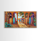 Surfboards Beach, Tropical, Colorful Life, Framed Canvas Print, Coastal Art, Entryway Wall Decor, Surf Shack Vibes, Tropical Summer