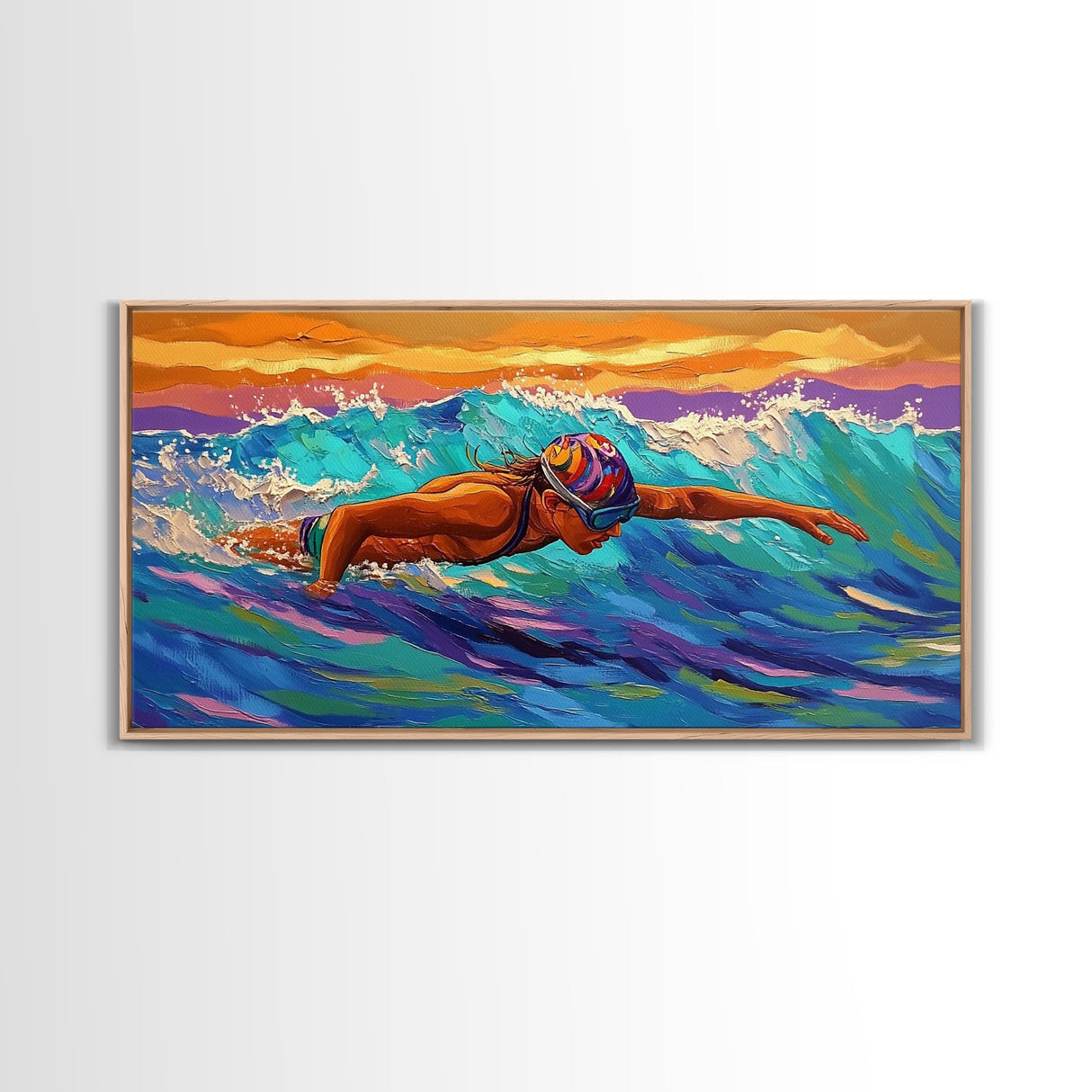 Swimmer Waves, Sunset, Athletic Art, Framed Canvas Print, Ocean Decor, Fitness Wall Art, Bedroom Inspiration, Bold Summer Style