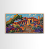 Villa Garden, Adobe, Colorful, Framed Canvas Print, vibrant Mexican villa wall art, blooming flowers, southwestern kitchen décor
