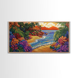 Tropical, Beach, Sunset, Palm, Vibrant tropical beach art, Canvas Print, Island Paradise Decor, Vacation Vibes, Living Room Art