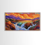 Sunset, Waterfall, Mountains, Autumn, Framed Canvas Print, Mountain sunset wall decor, autumn river art, rustic boho living room art