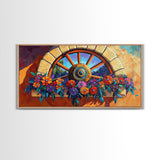 Rustic Floral, Window, Art, Framed Canvas, Print Mexican flower wagon wheel wall art, vibrant southwestern decor, boho patio print