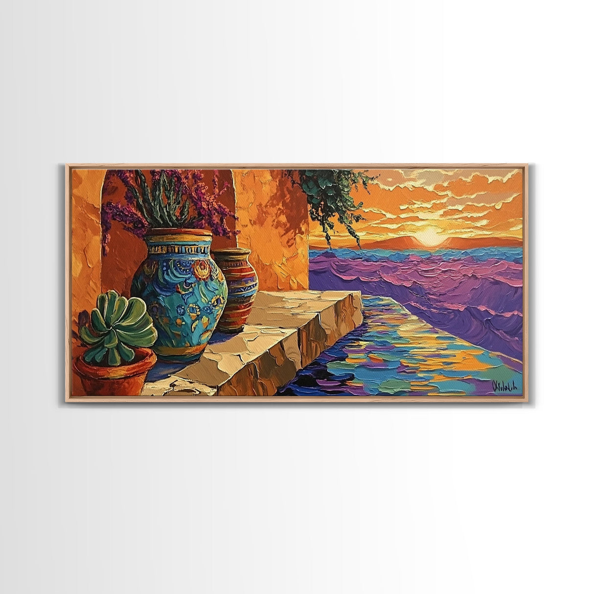 Sunset Terracotta, Patio, Art, Framed Canvas Print, Colorful Mexican pottery scene, vibrant tropical wall art, boho entryway decor