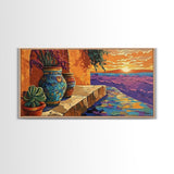 Sunset Terracotta, Patio, Art, Framed Canvas Print, Colorful Mexican pottery scene, vibrant tropical wall art, boho entryway decor