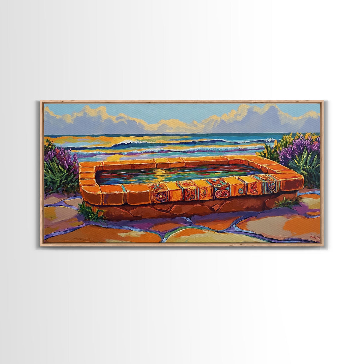 Ocean Terrace, Bath, Scene, Framed Canvas Print Mexican tile spa ocean view, tropical coastal wall art, vibrant bathroom or garden print