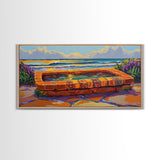 Ocean Terrace, Bath, Scene, Framed Canvas Print Mexican tile spa ocean view, tropical coastal wall art, vibrant bathroom or garden print