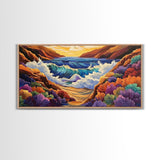 Ocean Sunset, Wave Splash, Framed Canvas Print, colorful crashing waves, rocky coast wall decor, Beach House Wall painting