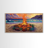 Beach Campfire, Sunset, Tropical Vibes, island evening Canvas Print, fall boho decor, colorful beach firepit living room wall art