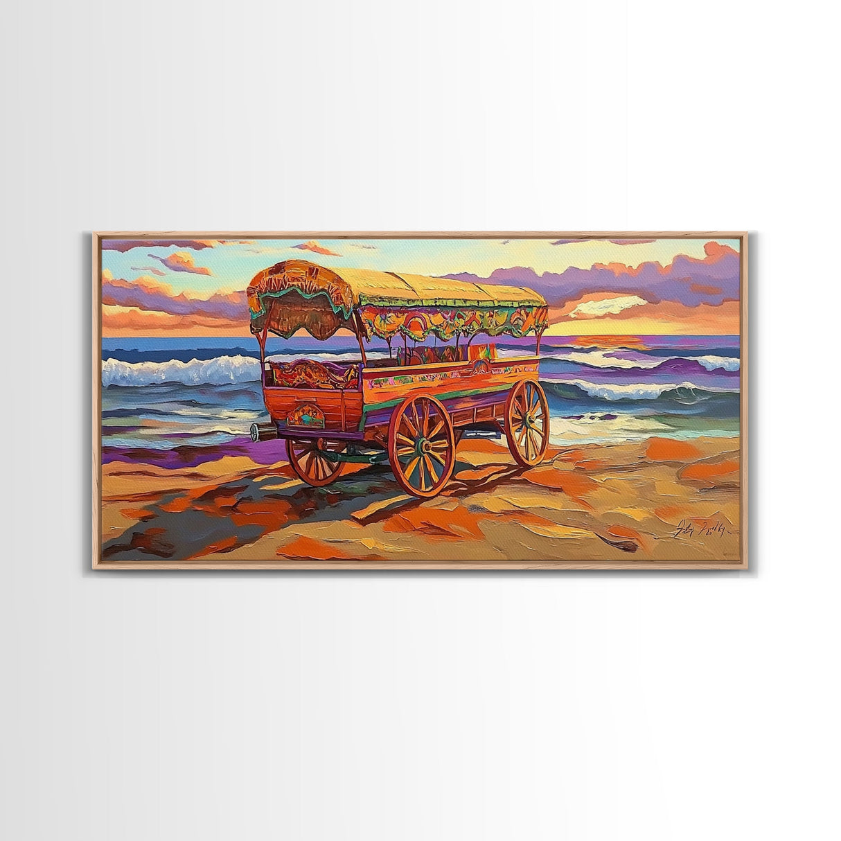 Sunset Beach, Wagon, Vibes, Coastal boho decor, colorful ocean art, Canvas Print, beach house wall art, living room sunset painting
