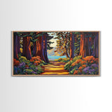 Forest Path, Ocean, Framed Canvas Print, Redwood forest trail to ocean scene, Nature inspired art, Rustic Living Room Wall Art