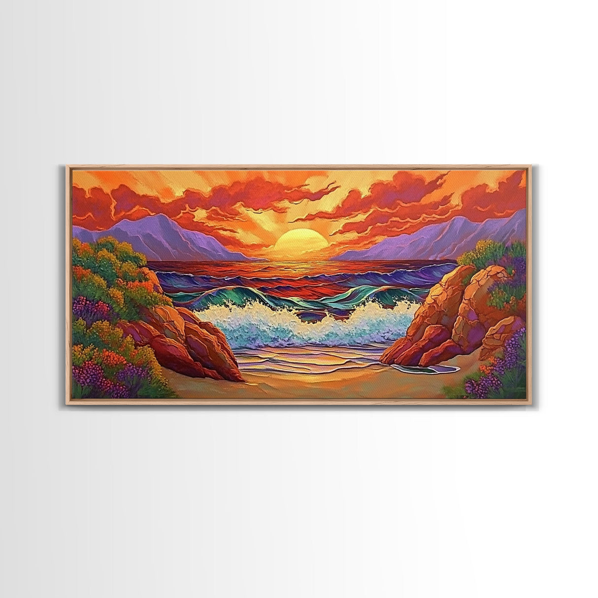 Sunset Waves, Rocks, Framed Canvas Print, Vibrant ocean sunset, crashing waves cliffs painting, Coastal Decor, Beach House Wall Art