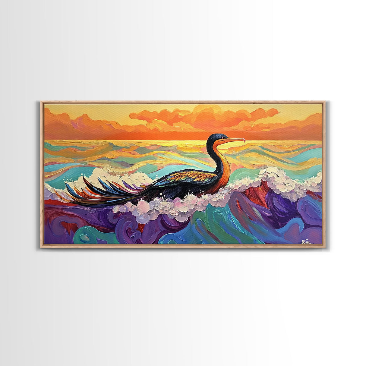 Ocean Bird, Sunset, Framed Canvas Print, Vibrant seabird in waves sunset seascape painting, Colorful Coastal Decor, Bathroom Wall Art