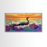 Ocean Bird, Sunset, Framed Canvas Print, Vibrant seabird in waves sunset seascape painting, Colorful Coastal Decor, Bathroom Wall Art