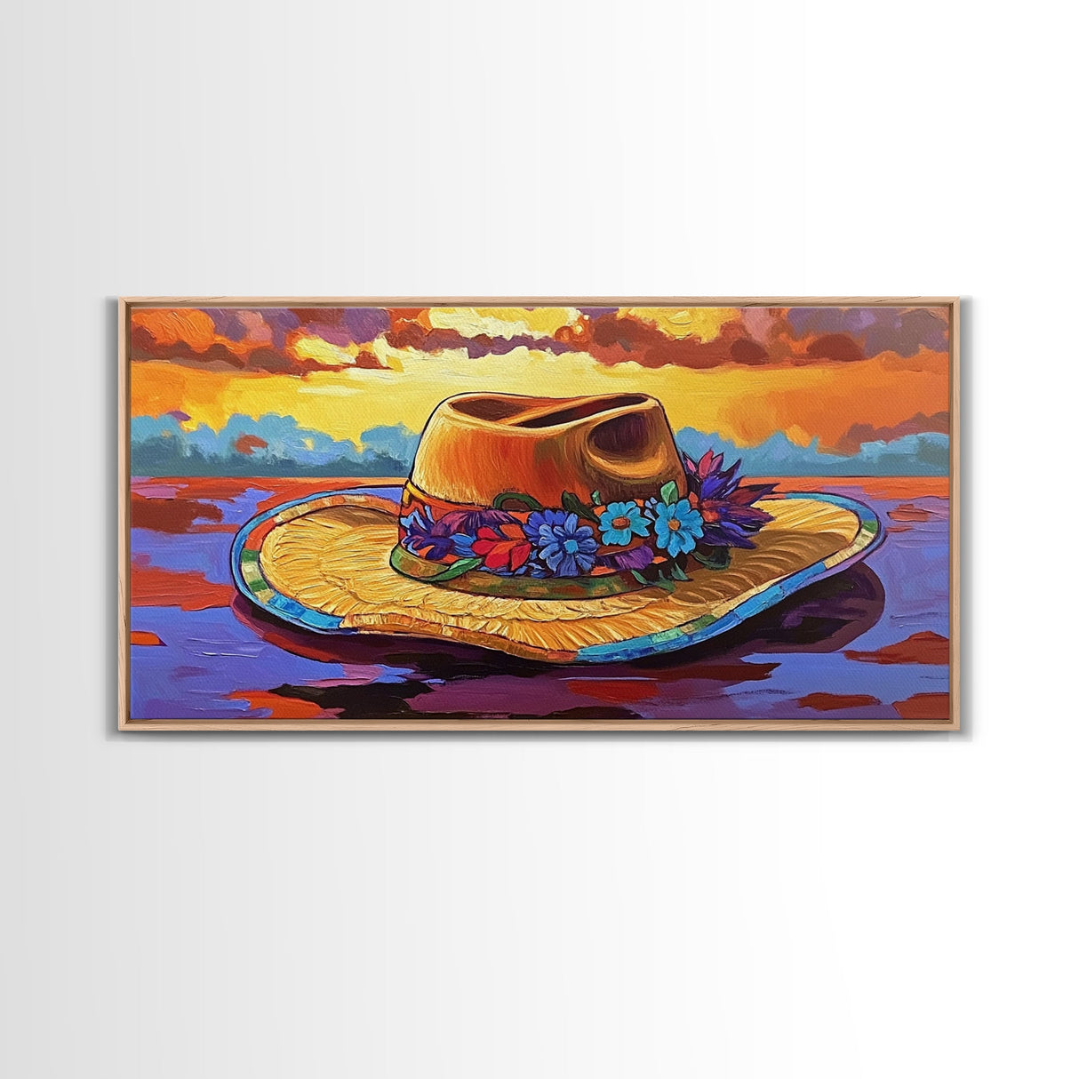 Hat Floral, Sunset, Framed Canvas Print, Boho straw hat with flowers on beach at sunset, Whimsical Summer Art, Entryway Wall Art