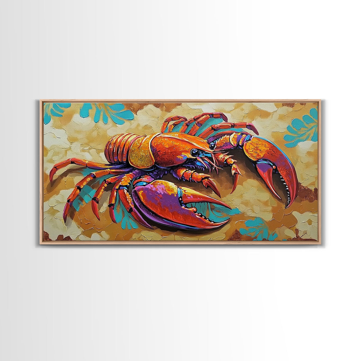 Lobster Coastal, Bold, Framed Canvas Print, Vibrant abstract lobster on sandy background, Nautical Kitchen Decor, Bold Coastal Wall Art